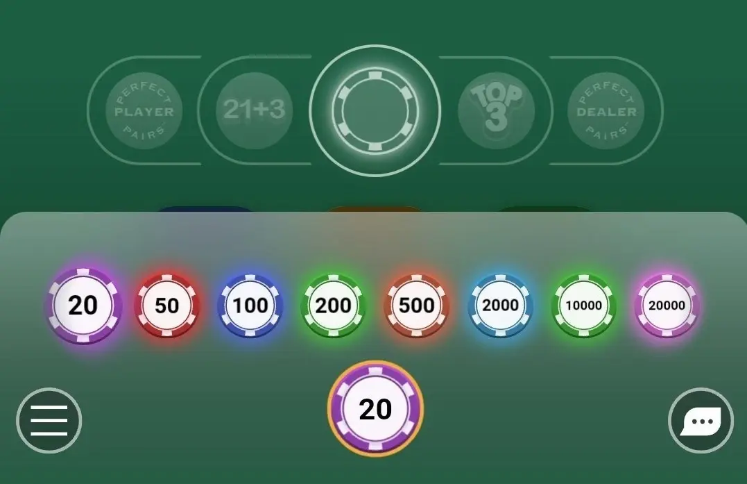 Výběr sázek – barevné žetony od 20 Kč do 20 000 Kč pro online kasinové hry Herní rozhraní s výběrem žetonů různých hodnot pro online sázení od 20 do 20 000 Kč